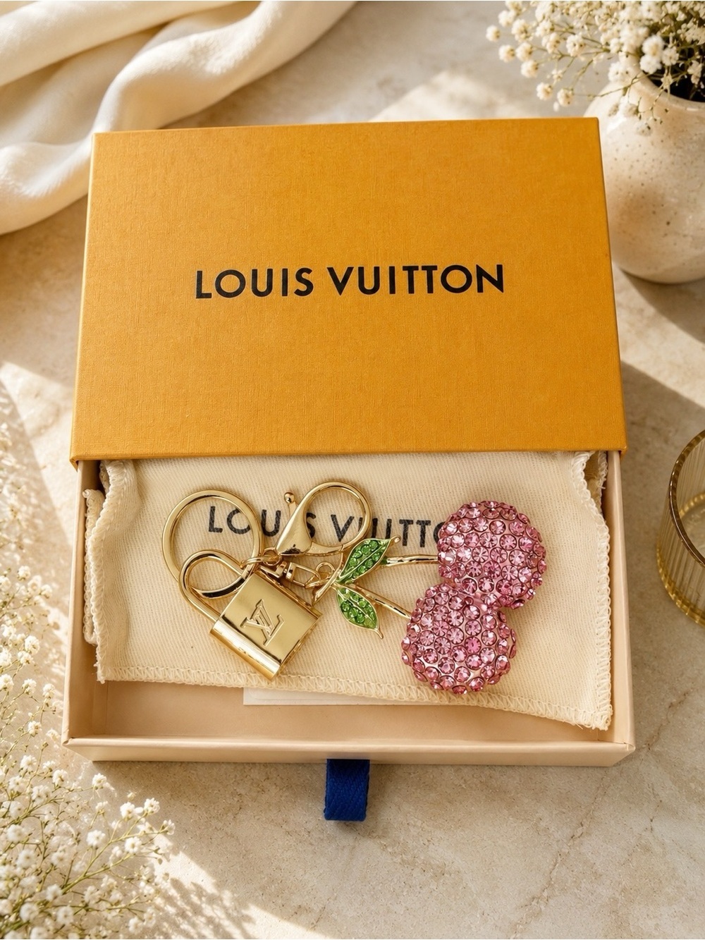 LOUIS VUITTON PadLock & Key #315 with Unbranded Cherry Rhinestone Key Chain